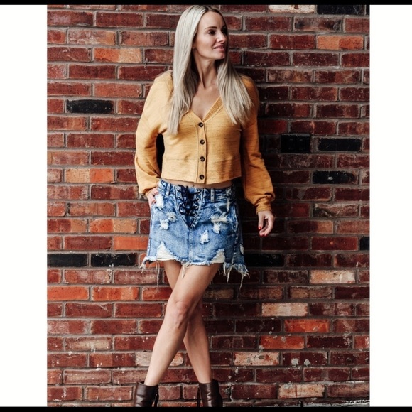 Vintage Wash Distressed Raw Hem Denim Skirt - Picture 1 of 6